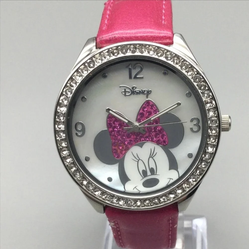 Disney Minnie Mouse Womens Watch 40mm MOP Dial Pink Leather MN1044 New Battery